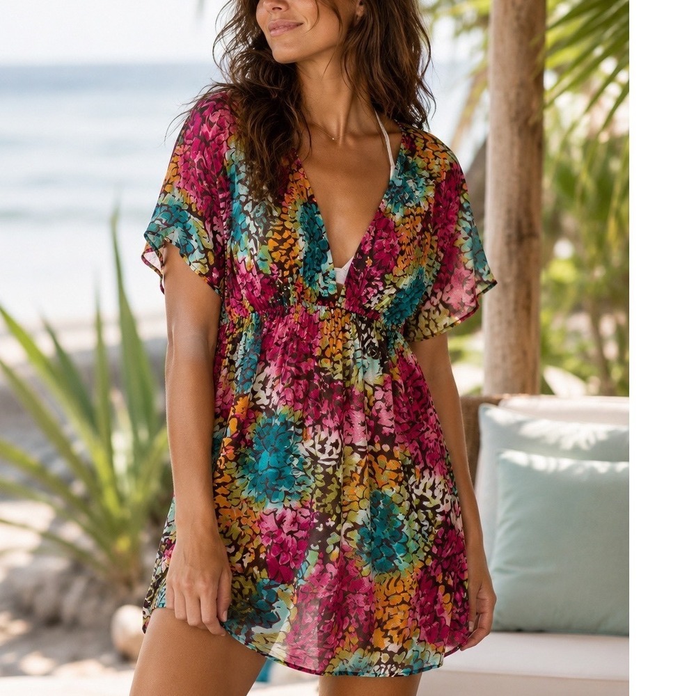 Floral Swim Cover Up Tunic Medium Colorful Empire Waist Beach Resort Pool Cruise